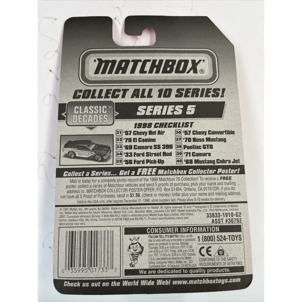 Matchbox Diecast Classic Decades #33‎ White 1969 Camaro SS 396